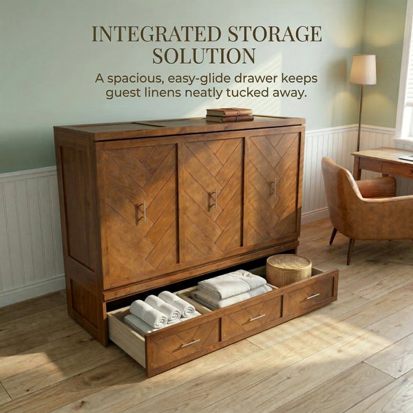 English Elm Queen Murphy Cabinet Bed Pine Wood Geometric Panels Usb Charging Guest Room Storage W504S00303