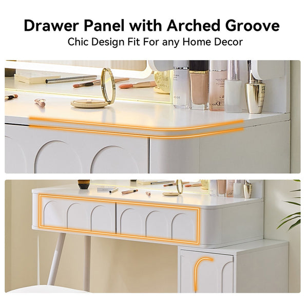 English Elm Modern Makeup Vanity Desk with Slide-Out Cabinet, LED Mirror, 4 Soft-Close Drawers & Cushioned Stool White N844P257529A