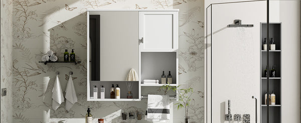 English Elm 29'' Modern Wall Mounted Medicine Cabinet with Mirror, Spacious Adjustable Shelves, Towel Bar and Durable MDF Finish White N710P209440K