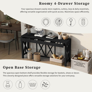 English Elm U_Style 60'' Acacia Veneer Console Table - Stylish X-Base With 4 Drawers & Open Shelf For Versatile Storage N711P289747B-GIGA