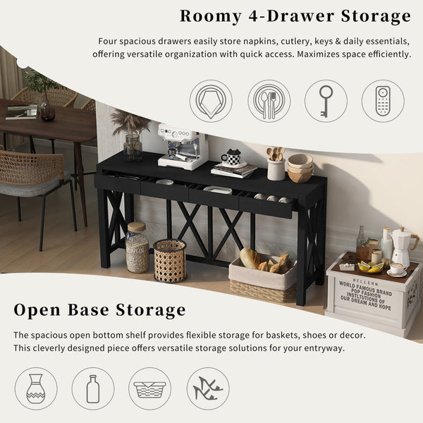 English Elm U_Style 60'' Acacia Veneer Console Table - Stylish X-Base With 4 Drawers & Open Shelf For Versatile Storage N711P289747B-GIGA