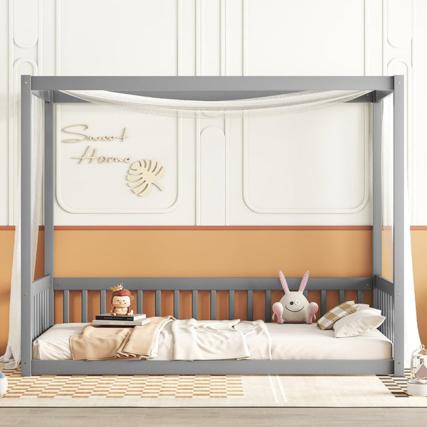 English Elm Twin Canopy Floor Bed Frame With Guardrails - Modern Grey Design For Safe, Imaginative Sleep Spaces W504P143277-GIGA