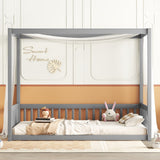 Hearth and Haven Twin Size Canopy Frame Floor Bed with Fence, Guardrails, Grey W504P143277