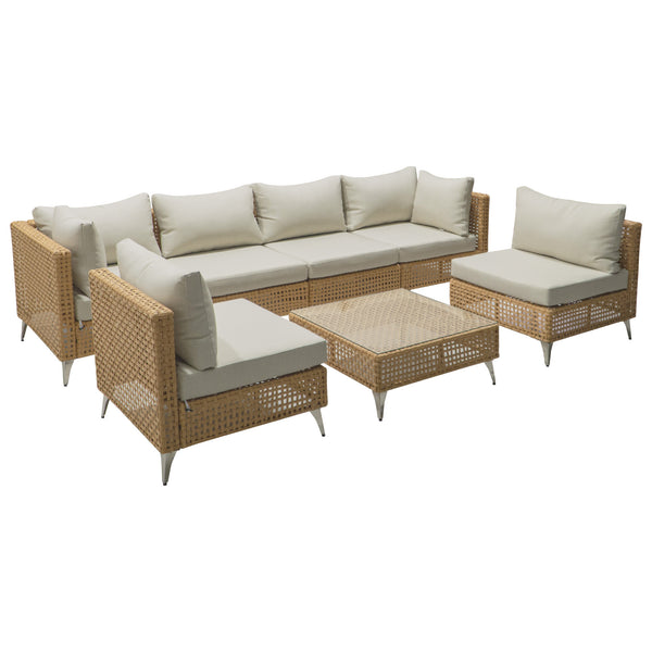 English Elm K&k 7 Piece Outdoor Modular Sectional Wicker Sofa Set with Tempered Glass Coffee Table Beige,Orange N707S000011Z