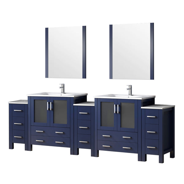 English Elm Navy Double Bath Vanity 108" W with Side Cabinets, White Ceramic Top, Mirrors & Chrome Faucet — Durable, Scratch-Resistant B2731S01222