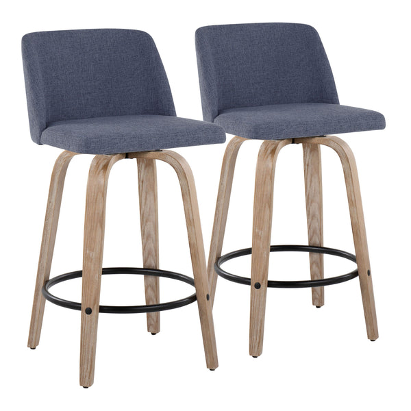 English Elm 26" Swivel Counterstools Whitewashed Wood Blue Upholstered Seat Set of 2 for Kitchen B202S00400
