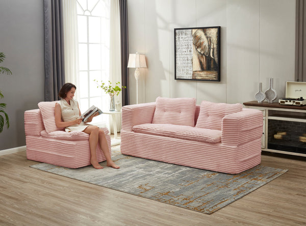 English Elm Multi Functional Sectional Sofa Bed in Baby Pink Plush Corduroy with Independent Chaise, Convertible Sleeper and 3 Pillows, Deep Seat Comfort W3219P387267