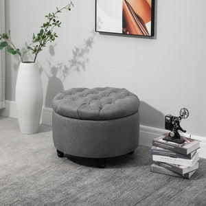 English Elm HOMCOM Round Linen-Touch Storage Ottoman with Button Tufting, Removable Lid, Wooden Legs, Grey W2225P217747