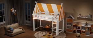 English Elm Twin Solid Wood Loft Bed with Led Lights Canopy Bookshelf for Kids Bedroom White N7090002241K