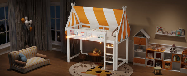 English Elm Twin Solid Wood Loft Bed with Led Lights Canopy Bookshelf for Kids Bedroom White N7090002241K