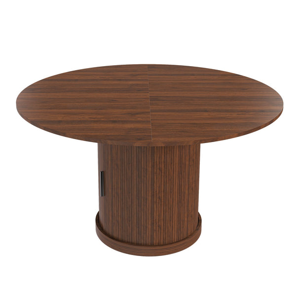 English Elm 47 Inch Extendable Round Dining Table Walnut Finish Seats 8 with Wire Grid Shelf W2700P385519