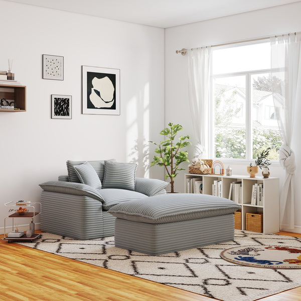 English Elm 47.25" Oversized Chaise Lounge with Ottoman Antique Grey White Corduroy, Plush Pillows, No Assembly T3936P390323