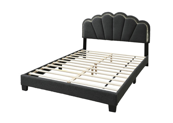 English Elm 1pc Queen Size Bed Wool Upholstered Platform with Channel Tufted Headboard and Built‑In LED Lighting Charcoal 66 L x 30 W x 10 H B011P238975