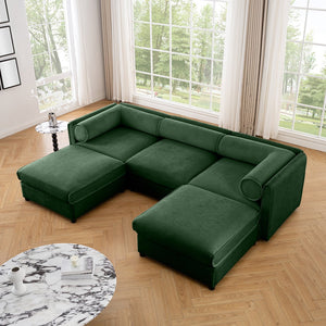 English Elm Elegant Green Chenille Sofa With Hidden Storage, U-Shaped Design And Comfortable Cylindrical Backrests W714S01062
