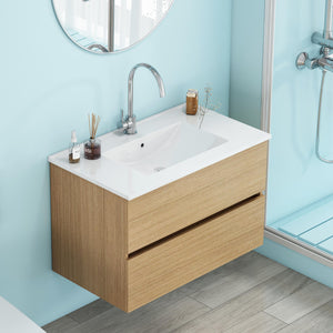 English Elm 32-Inch Wall-Mounted Bathroom Vanity With Soft-Close Drawers, Ceramic Sink & Modern Design Finish W3151S00041