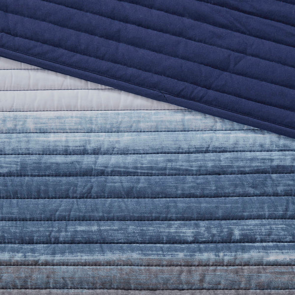 JLA Home Madison Park Essentials - 8 Piece Quilt Set with Watercolor Stripe Quilt, Cotton Sheet Set, OEKO-TEX, Antimicrobial Freshness Navy MPE13-1214