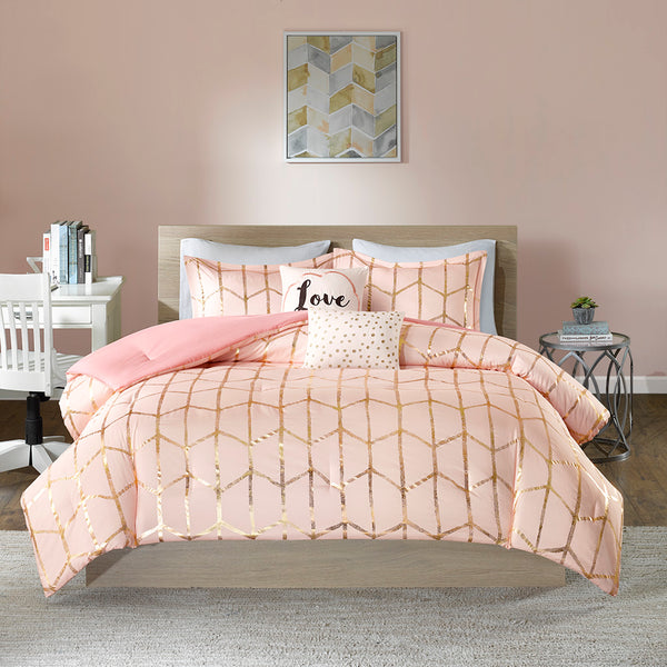 JLA Home Intelligent Design - Metallic Raina Comforter Set with Geometric Metallic Print, Ultra-Soft Microfiber, Embroidered Pillows, Antimicrobial Protection Blush/Gold ID10-1247