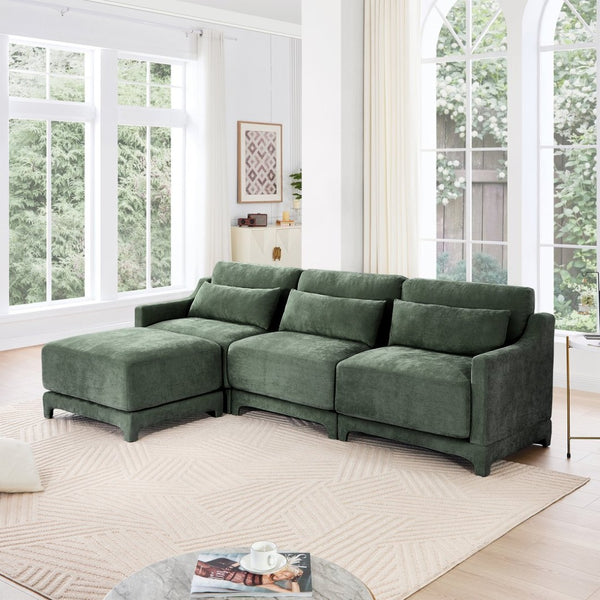 English Elm Three-Seater Chenille Sofa Set With Modular Ottomans, Elegant Design, High-Resilience Comfort, Green W714S01217-GIGA