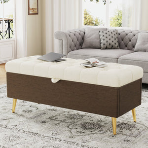 English Elm Modern Boucle Tufted Storage Ottoman Bench with Gold Legs for Bedroom or Entryway Beige N719P305620A