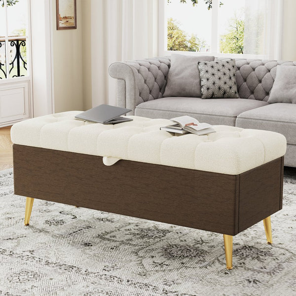English Elm Modern Boucle Tufted Storage Ottoman Bench with Gold Legs for Bedroom or Entryway Beige N719P305620A