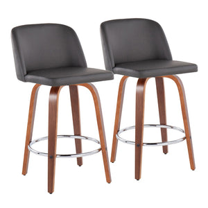 English Elm Toriano Mid-Century Modern Counter Stools - Set Of 2 With Walnut Wood, Grey Faux Leather & Chrome Footrest B202S00444-GIGA