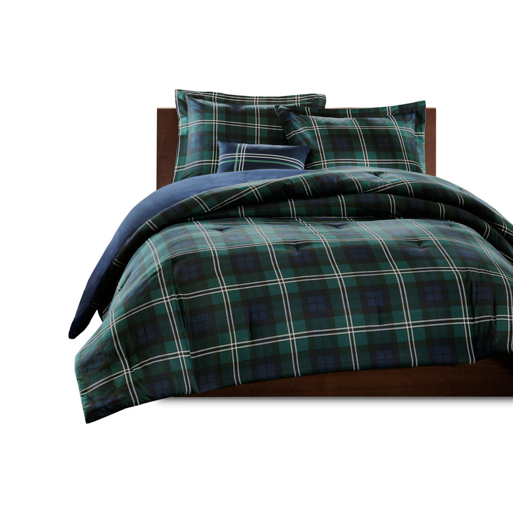 JLA Home Mi Zone - Comforter with Blue Green Plaid Face and Solid Reverse, Reversible Cabin Style Set with Pillow Protection 90 L x 86 W x 1H MZ10-099