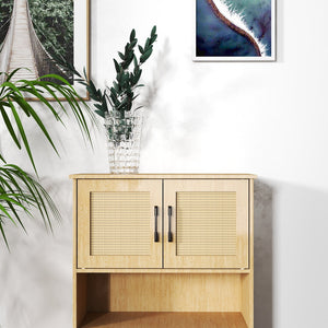 English Elm Mid-Century Woven Rattan Door Storage Cabinet with Adjustable Shelves and Solid Wood Legs, Stylish and Functional Natural 27.6 L x 15 W x 8.7 H W3151P288912
