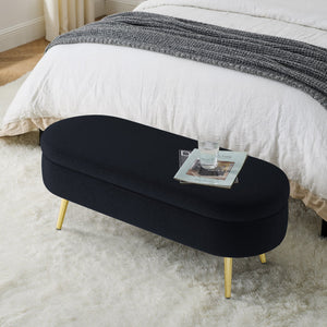 English Elm Ottoman Oval Flannel Storage Bench with Matte Metal Legs for Bedroom or Living Room Black W487P438627