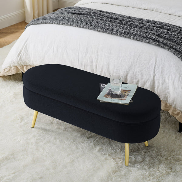 English Elm Ottoman Oval Flannel Storage Bench with Matte Metal Legs for Bedroom or Living Room Black W487P438627