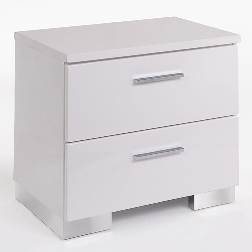 English Elm White White and Chrome 2-Drawer Nightstand with High Gloss Finish, Aluminum Handle, Smooth Glides B062P189237