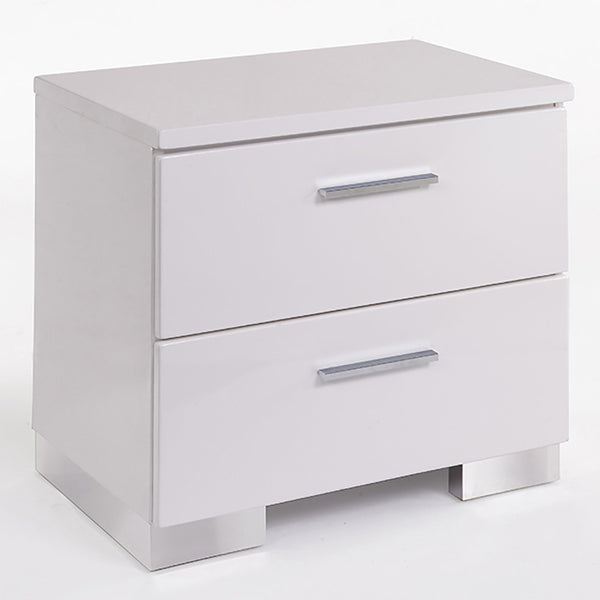 English Elm White White and Chrome 2-Drawer Nightstand with High Gloss Finish, Aluminum Handle, Smooth Glides B062P189237