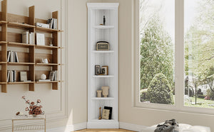 English Elm 83.4"Tall 5 Tier Corner Bookcase, Modern White Triangle Shelf Unit with Adjustable Shelves, Solid Wood Frame, Space-Saving Display for Living Room N751P191709K