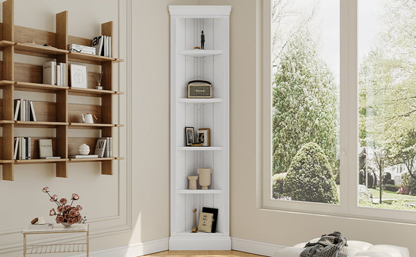English Elm 83.4"Tall 5 Tier Corner Bookcase, Modern White Triangle Shelf Unit with Adjustable Shelves, Solid Wood Frame, Space-Saving Display for Living Room N751P191709K