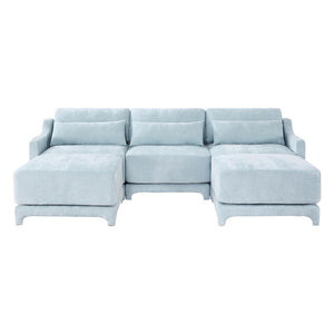 English Elm Three-Seater Sofa With Movable Ottomans & Lumbar Pillow - Elegant Sky Blue Chenille Design For Comfort W714S01208-GIGA