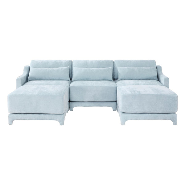English Elm Three-Seater Sofa With Movable Ottomans & Lumbar Pillow - Elegant Sky Blue Chenille Design For Comfort W714S01208-GIGA
