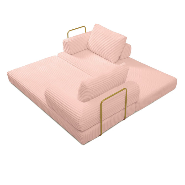 English Elm Convertible Floor Sofa Futon with Corduroy Upholstery for Living Room Lounging and Sleeping Pink W1117P434734