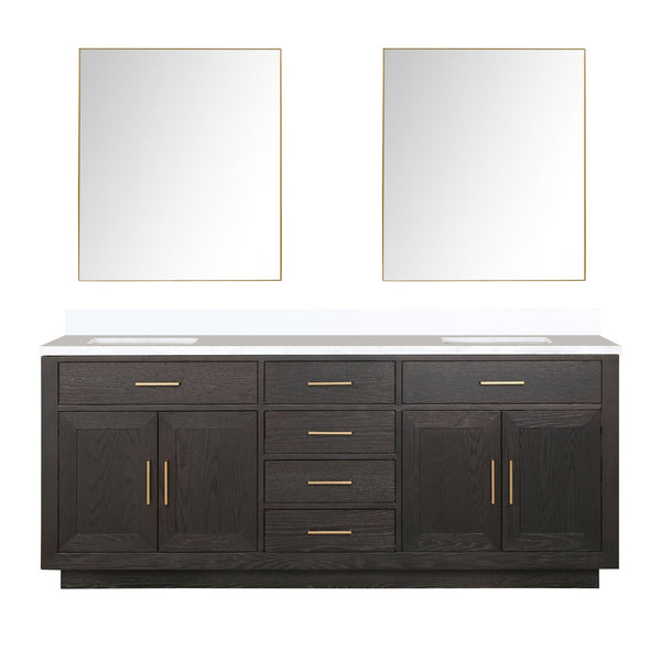English Elm Brown Oak Double Bath Vanity Set With Cultured Marble Top & 2 Frameless Mirrors For Elegant Storage B2731S01545