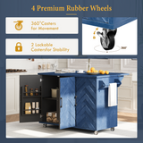 English Elm K&K 51.2"W 3D Wave Stripes Ash Veneer(Not Cheap Paper) Kitchen Island With Drop Leaf, Farmhouse Kitchen Island On Wheels With Internal Storage Rack, Rolling Kitchen Cart (Navy Blue)