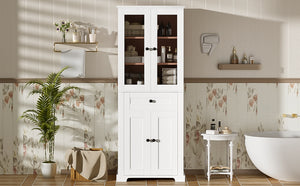 English Elm 67.2" Tall Bathroom Storage Cabinet with Tempered Glass Doors, Adjustable Shelves, Soft-Close Hinges and Anti-Tip Safety White N729P310006K