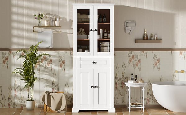 English Elm 67.2" Tall Bathroom Storage Cabinet with Tempered Glass Doors, Adjustable Shelves, Soft-Close Hinges and Anti-Tip Safety White N729P310006K