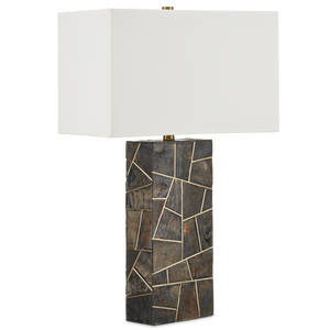 Carina Table Lamp - Elegant Natural Horn Inlay with Brass Accents, Off-White Shade, 28" Height