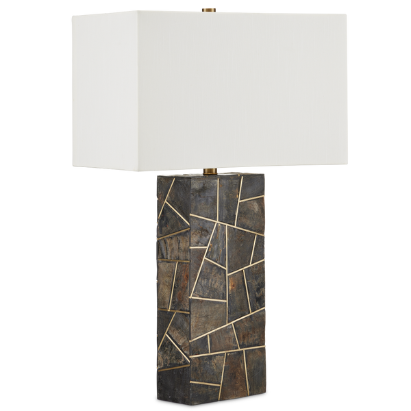 Carina Table Lamp - Elegant Natural Horn Inlay with Brass Accents, Off-White Shade, 28" Height