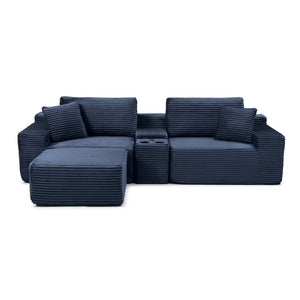English Elm Modular Cloud Sectional Sofa with Corduroy Deep Seating Usb Ports and Storage Ottoman Blue W1117S00362