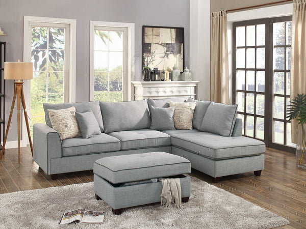 English Elm Beautiful 3-pcs Sectional Sofa with Reversible Chaise and Storage Ottoman Plush Summer Hues Comfort LIGHT GREY 76 L x 35 W x 16 H B011S01055