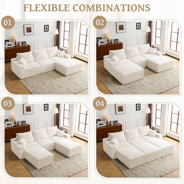 English Elm "110" L-Shaped Cloud Couch: Pre-Assembled 3-Seater Sofa With Modular Chaise, Ultra-Soft Corduroy Beige W2606S00009