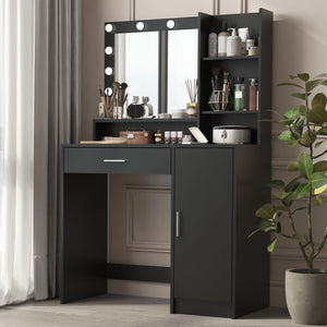 English Elm Vanity LED Mirror Dressing Table with 12 Bulbs, Adjustable 3-Mode Brightness and Large Drawer Storage Black W3457P336677