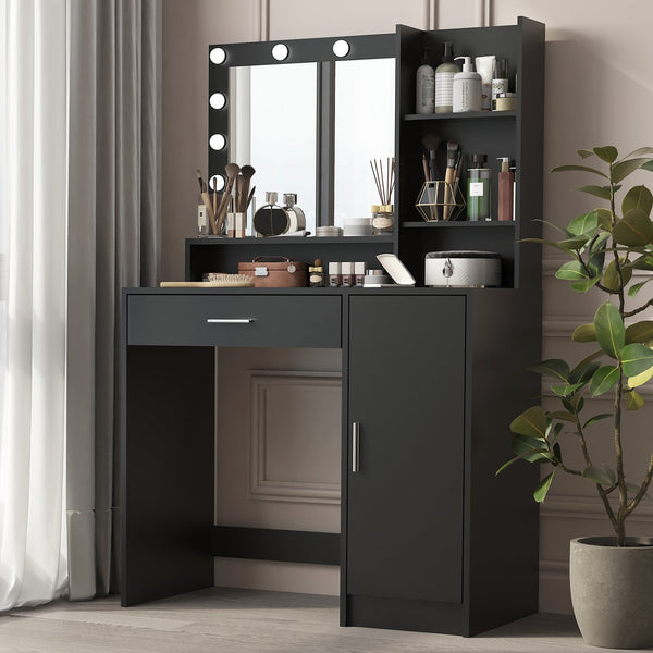 English Elm Vanity LED Mirror Dressing Table with 12 Bulbs, Adjustable 3-Mode Brightness and Large Drawer Storage Black W3457P336677