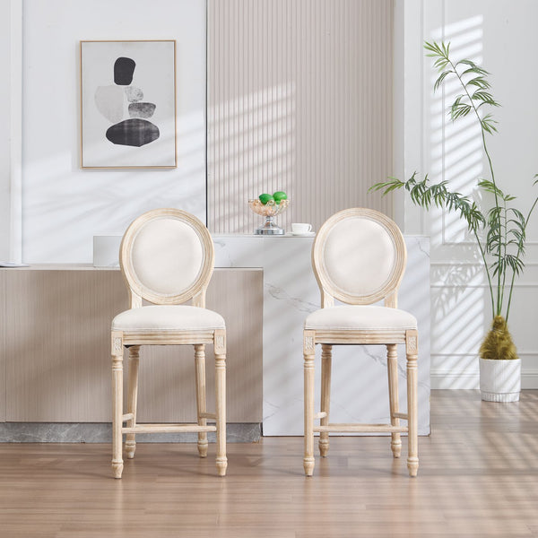 English Elm French Country 26'' Bar Chairs Set Of 2, Upholstered Comfort With Round Back, Vintage Elegance, Beige W3426P324574