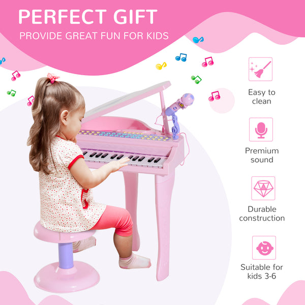 English Elm Qaba 37-Key Kids Piano Toy with Mic, Stool, LED Learn Mode, 22 Songs, MP3/USB, Record/Playback W2225P249793