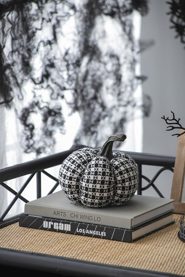 English Elm Set Of 2 Black-White Plaid Fabric Pumpkins - Cozy Rustic Décor For Fall & Halloween Displays W2078P237308-GIGA